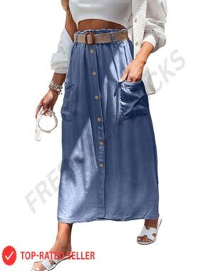 Flowy Tencel Denim Maxi Skirt A-Line Ruffle Cargo Long Jean Skirt
